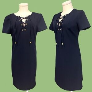 ELIZA J. Dark navy mini shirt dress with lace up neckline